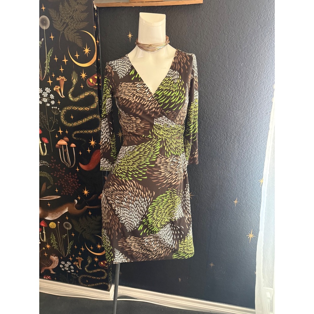 Ann Taylor LOFT Petites Faux Wrap Dress Brown Green Abstract Print 0P